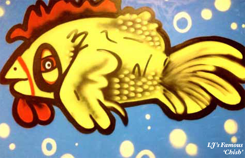Aerosol painting of a combination of a chicken and a fish