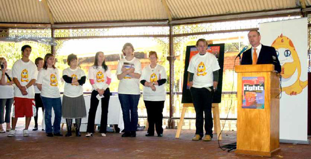 Former Minister, now Premier, Jay Weatherill with some of the people who made the Charter of Rights a reality at its launch at the Adelaide Zoo in April,2006.